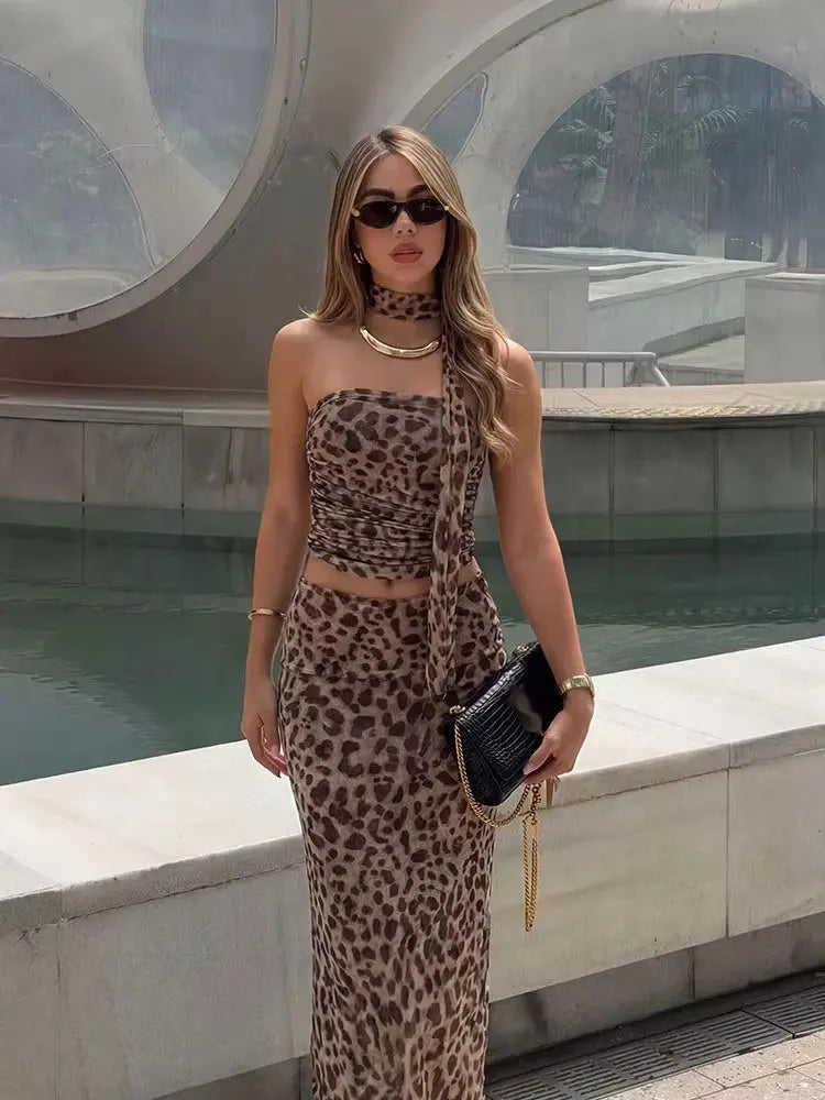 Strapless Ruched Crop Top Maxi Skirt Set With Choker
