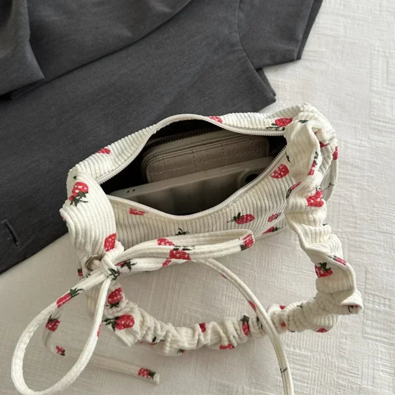Strawberry Print Half Moon Tote