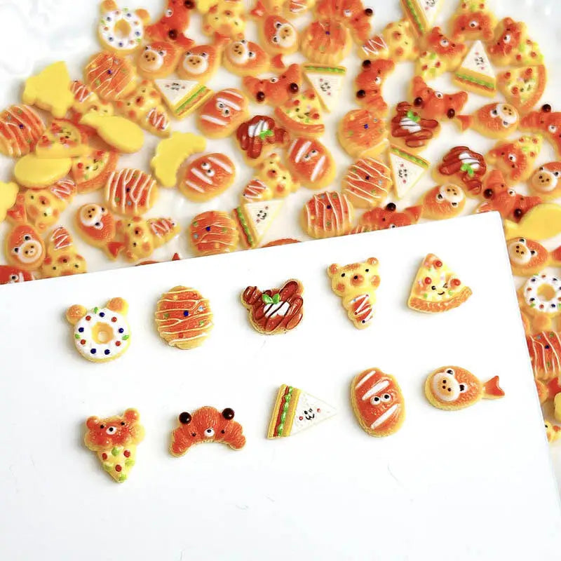 30PCS Simulated Salad Bread Donut Nail Charms Creative Cute Bear Cowhorn Sandwich Desserts Resin Nail Art Decorations DIY Nails