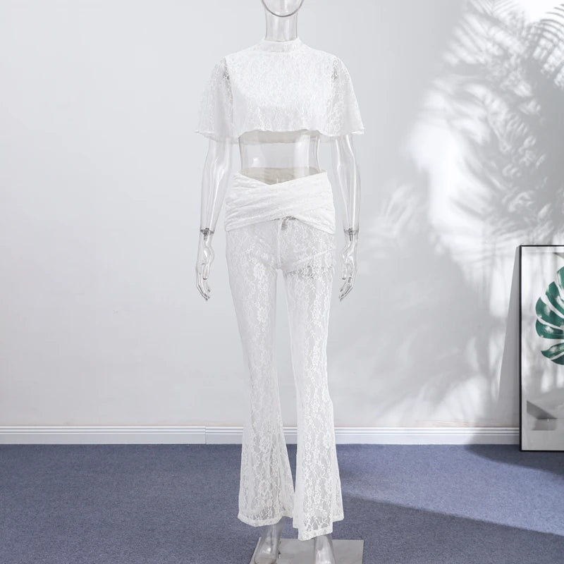 Lace Cape High Neck Cropped 2Pcs Set