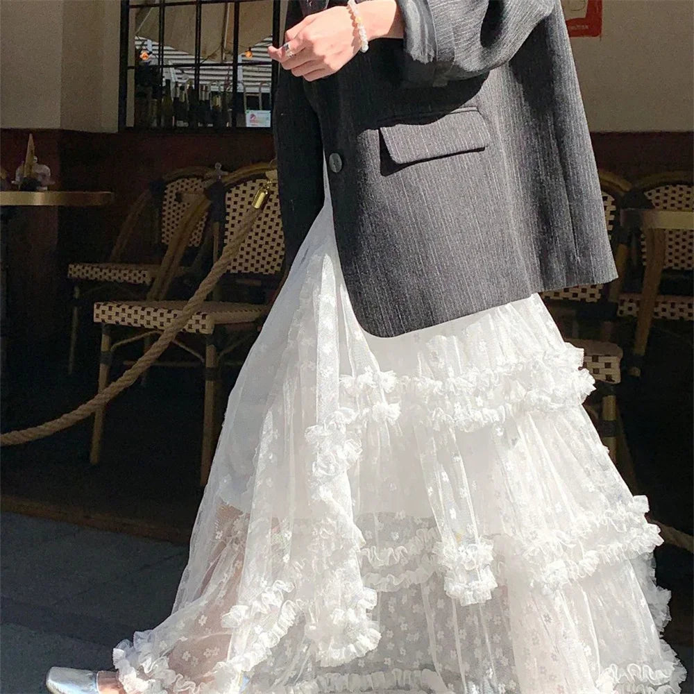 A-Line Lace Cake Loose Midi Skirt