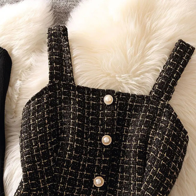 Tweed Vest Suspender Woolen Dress