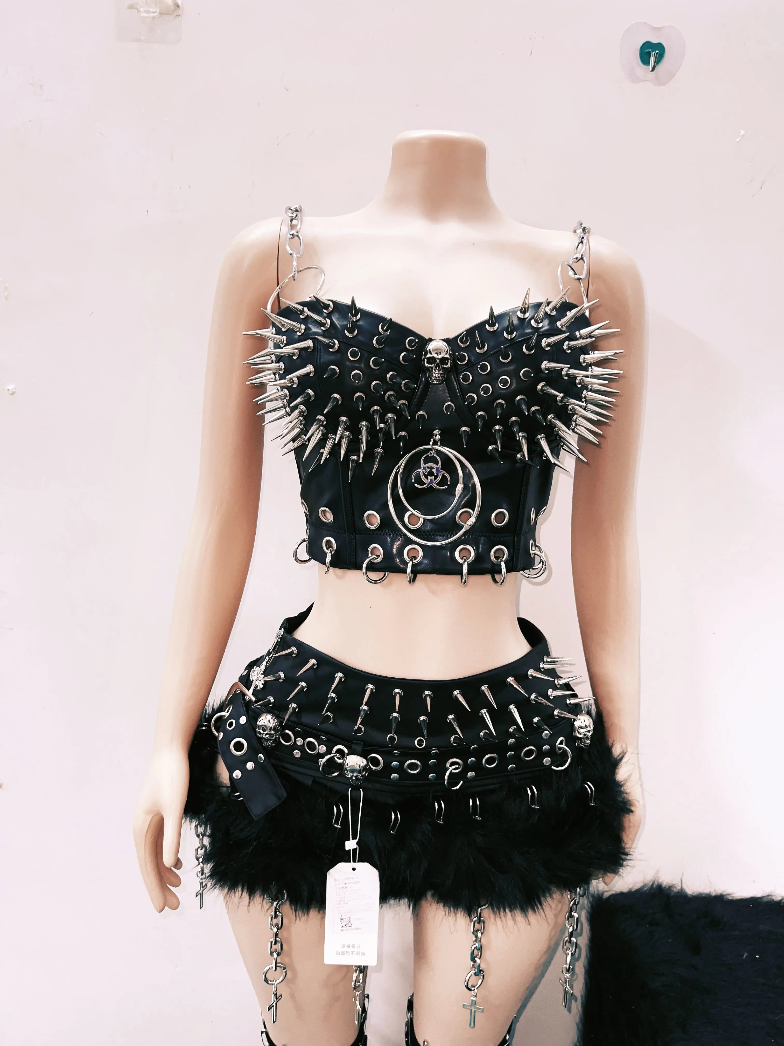 Spiked Corset with Chain Detail and Faux Fur Trim Skirt Set