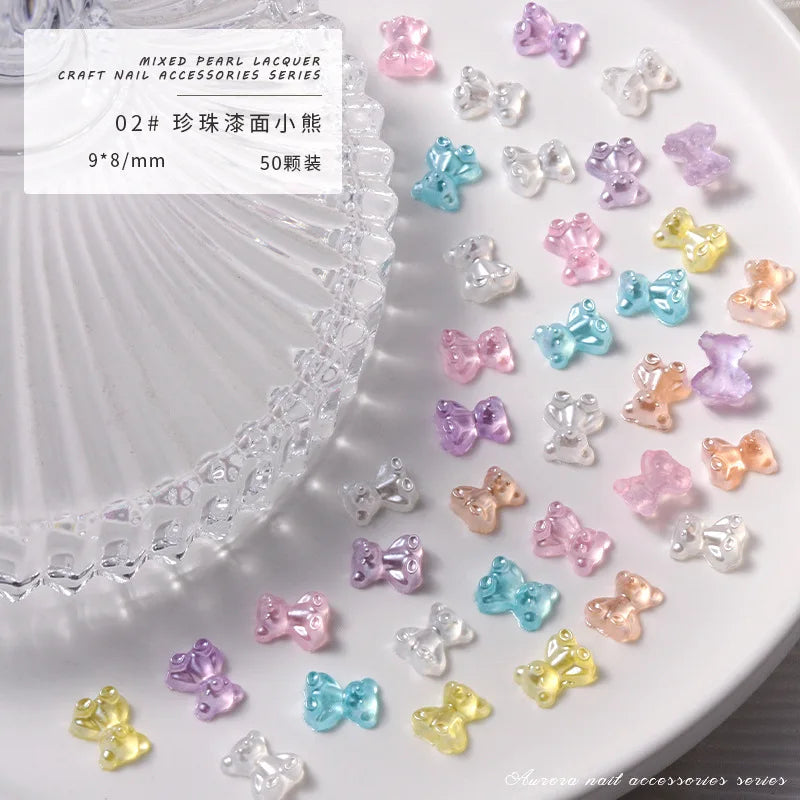 50PCS Aurora Acrylic 3D Nail Art Bow Charm For Nails Decoration Design Kawaii Manicure Accessories Bow-knot DIY Craft Supplies