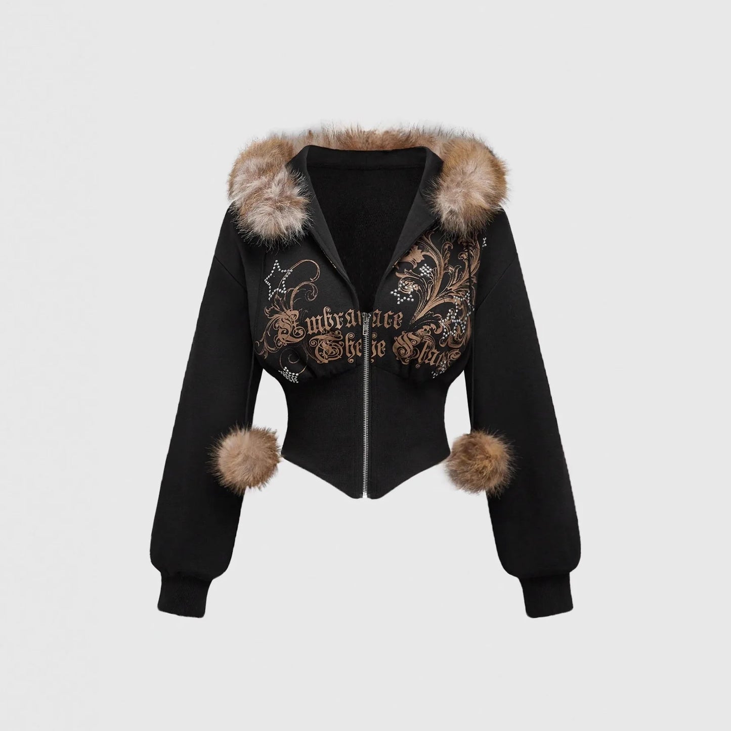 Faux Fur Trim Corset Zip-Up Hoodie