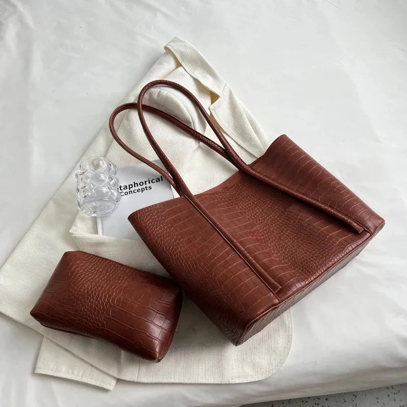 Crocodile Pattern Bag Set 2-IN-1 Large Capacity Shopping Tote