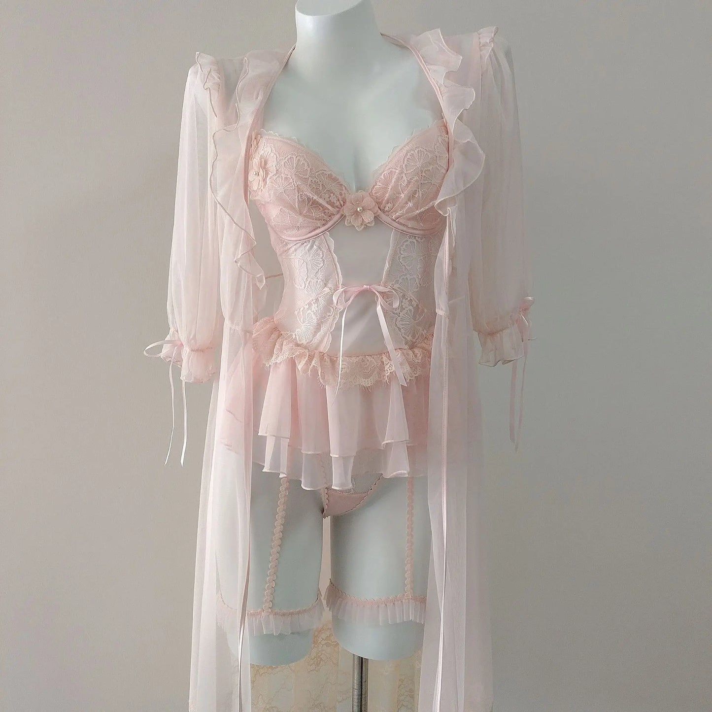 Flower Lingerie Corset Vest Slim Waist Lace Mesh Fishbone Bra Nightdress with Panty Underwear Set