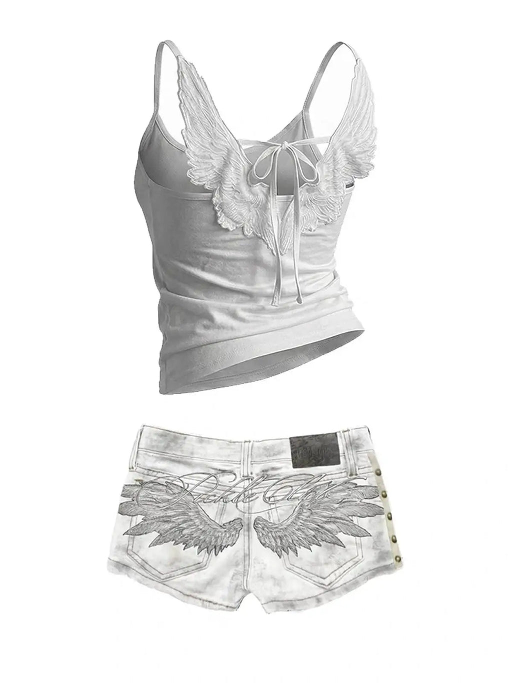 Angel Wings Embroidered Vest Denim Shorts Set