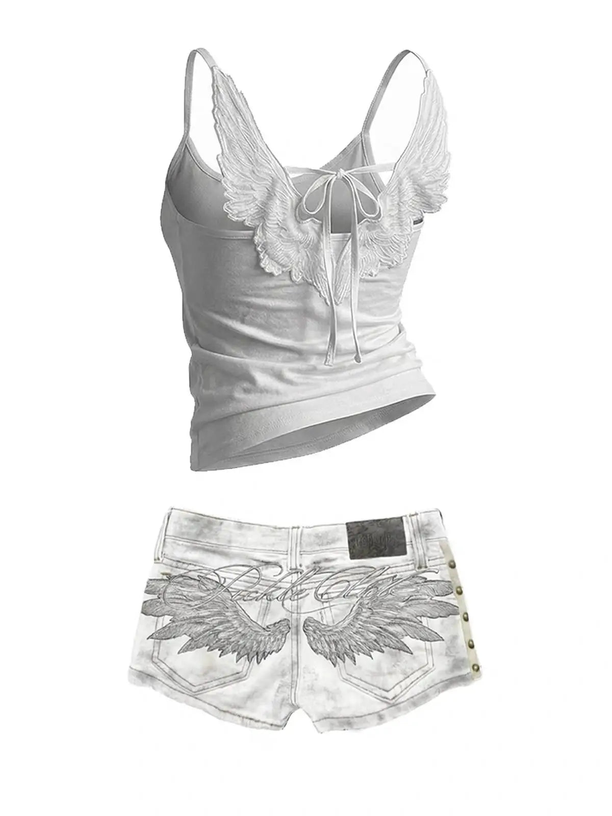 Angel Wings Embroidered Vest Denim Shorts Set