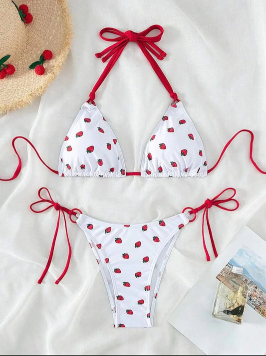 Strawberry Print Halter String Micro Bikini