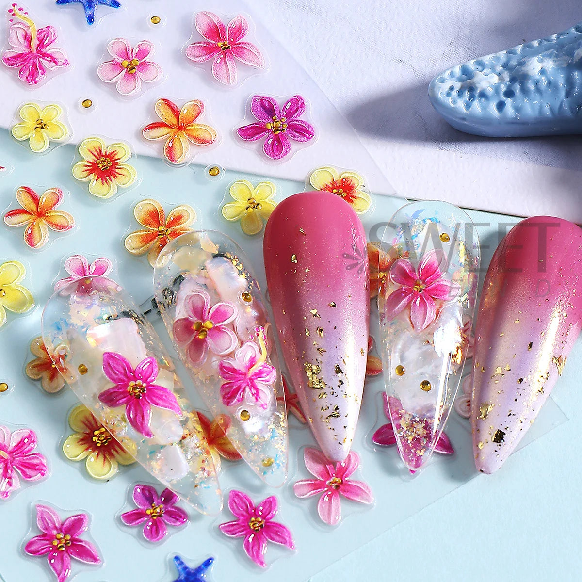 5D Summer Flowers Nail Embossed Stickers Pink Frangipani Hibiscus Five Petal Floral Starfish Decal DIY Tropical Manicure Sliders