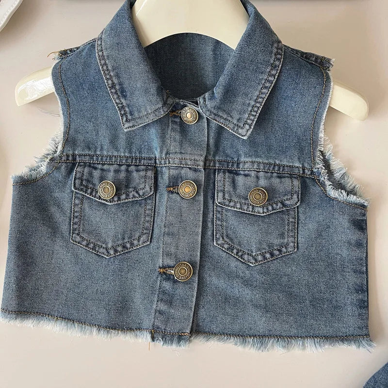 Sleeveless Fringed Vest and Pleated Skirt Denim Two-Piece Set