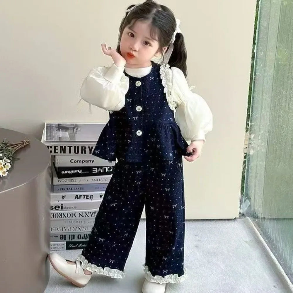 Denim Ruffle Bow Printed Vest + Long Sleeved Shirt + Pants 3 Pcs Set