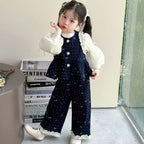 Denim Ruffle Bow Printed Vest + Long Sleeved Shirt + Pants 3 Pcs Set