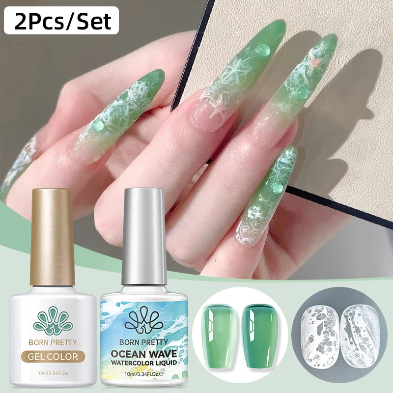 BORN PRETTY 1/2Pcs Ocean Wave Watercolor Liquid Gel Nail Polish Set