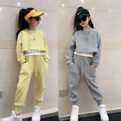 2025年ティーン向けグレイガールズスポーツスーツ春服長袖トップスウェットシャツパーカー＆パンツカジュアル6 7 8 9 10 11 12歳子供