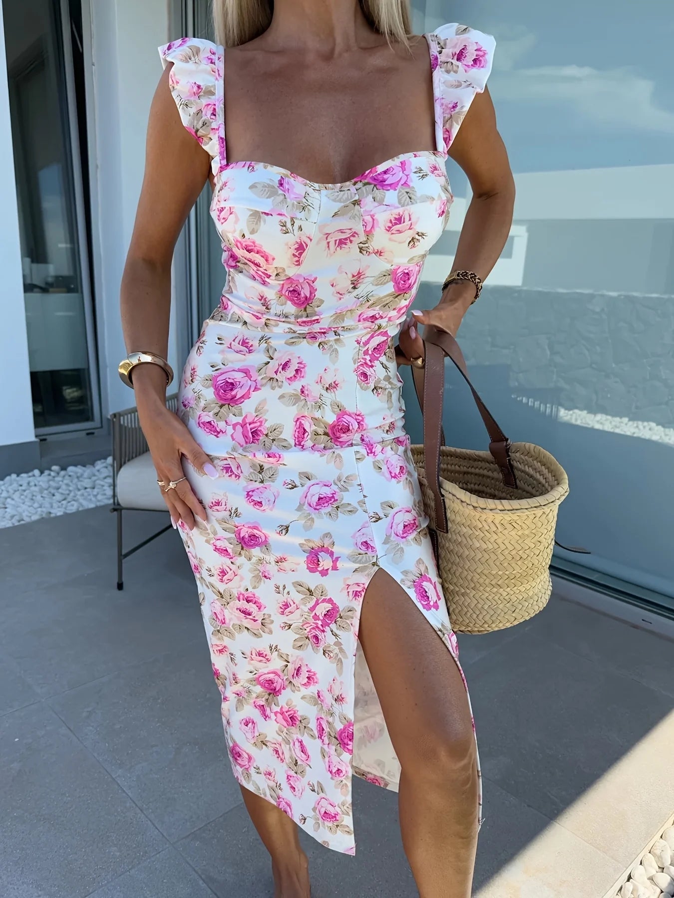 Flower Suspender Slit Midi-Length Dress