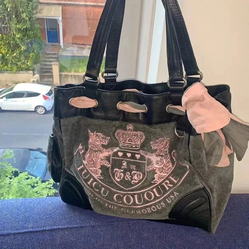Internet-famous retro stylish spicy girl embroidered color-blocking bag Tote bag