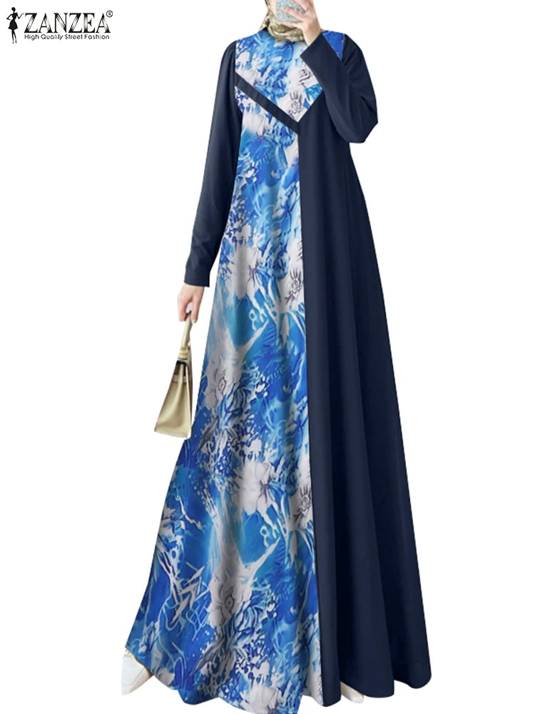 ZANZEA Women Elegant Long Sleeve IsIamic Robe Maxi Vestidos Muslim Patchwork Abaya Dubai Sundress Autumn Floral Printed Dresses