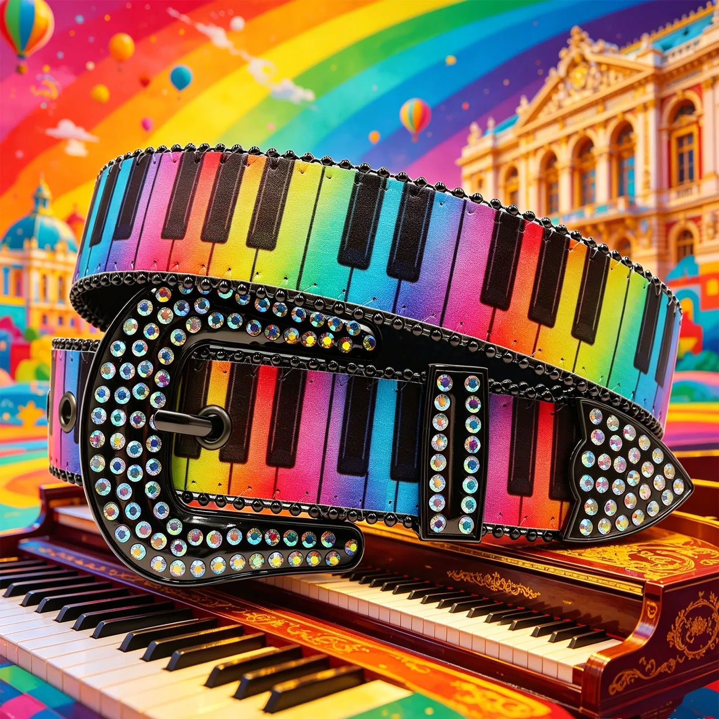 Western Cowboy Rhinestone Buckle PU Belt, Cute Pink Piano Keys & Musical Notes Print Glitter Decor Belt for Women Jeans Pants