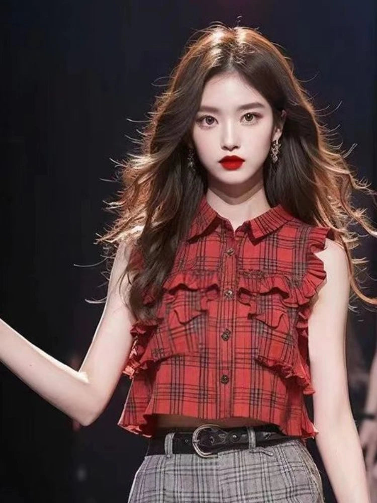 Plaid Ruffles Patchwork Crop Top