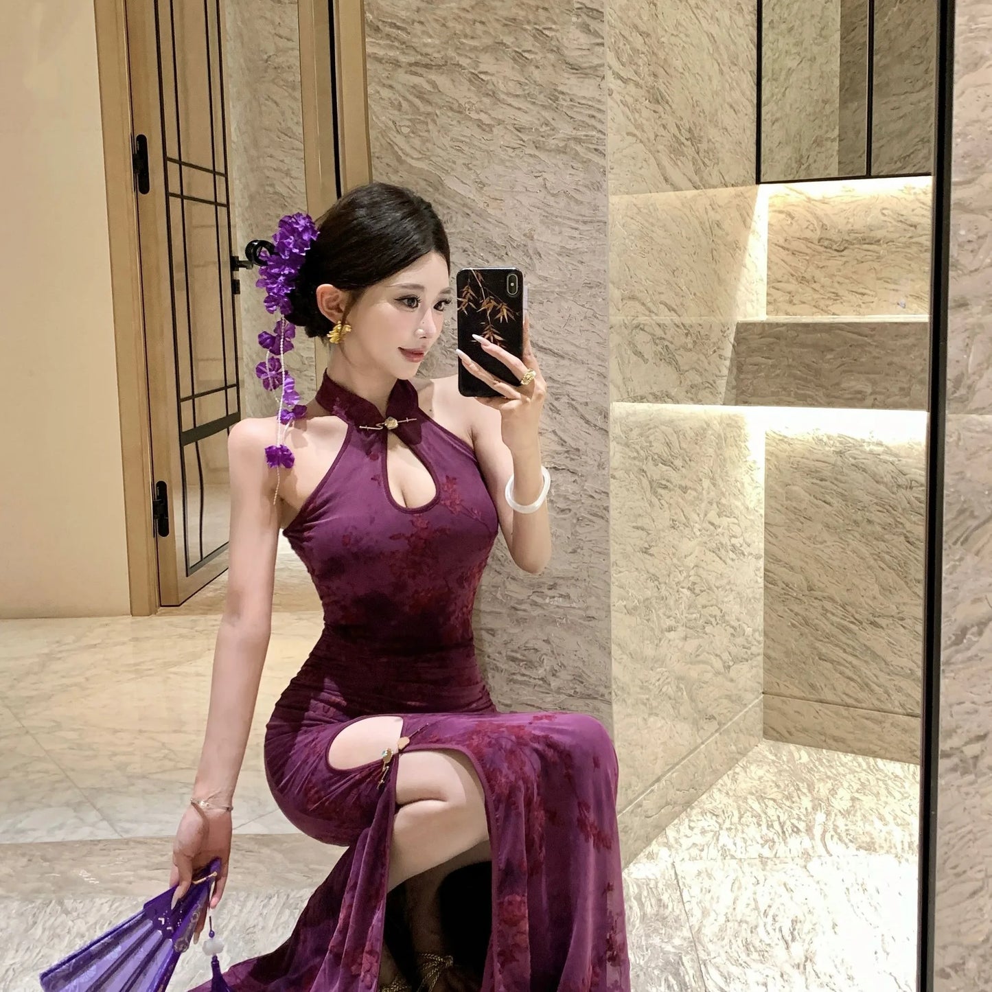 Velvet  Dress with Lace Design