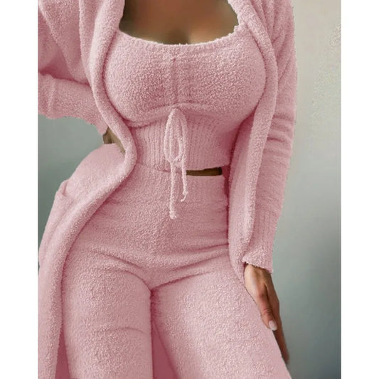 Teddy Velvet Crop Top + Cardigan Coat + Pants Set