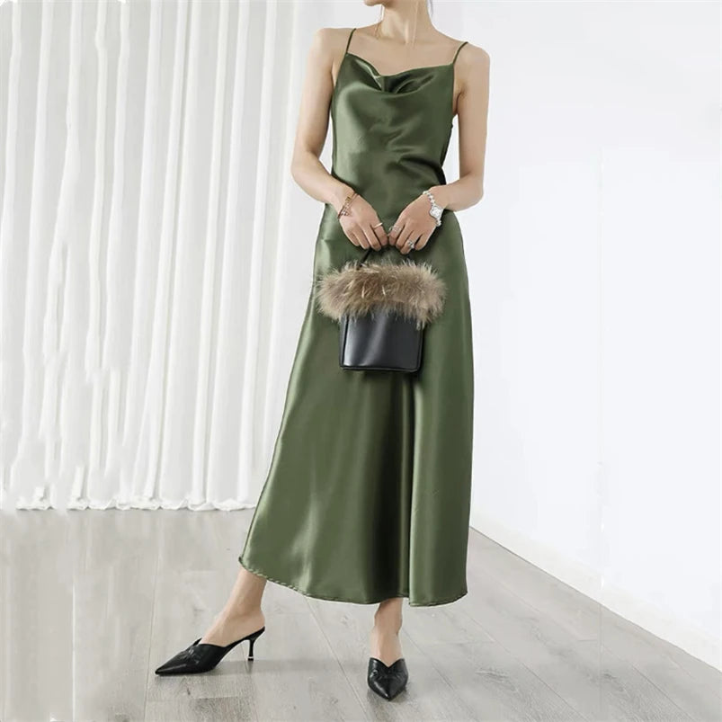Solid Ice Silk Spaghetti Strap Dress
