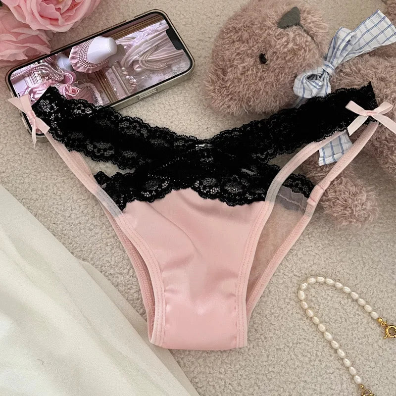 SP&CITY Cross Belt Lace Transparent Sexy Women's Underpants Low Waist Mesh Hollowed Bow Panties Cotton Crotch Breathable Briefs