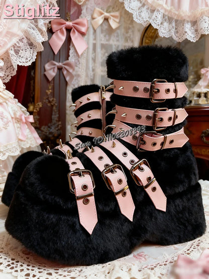 Rivet Platform Plush Furry Mid-Calf Boots