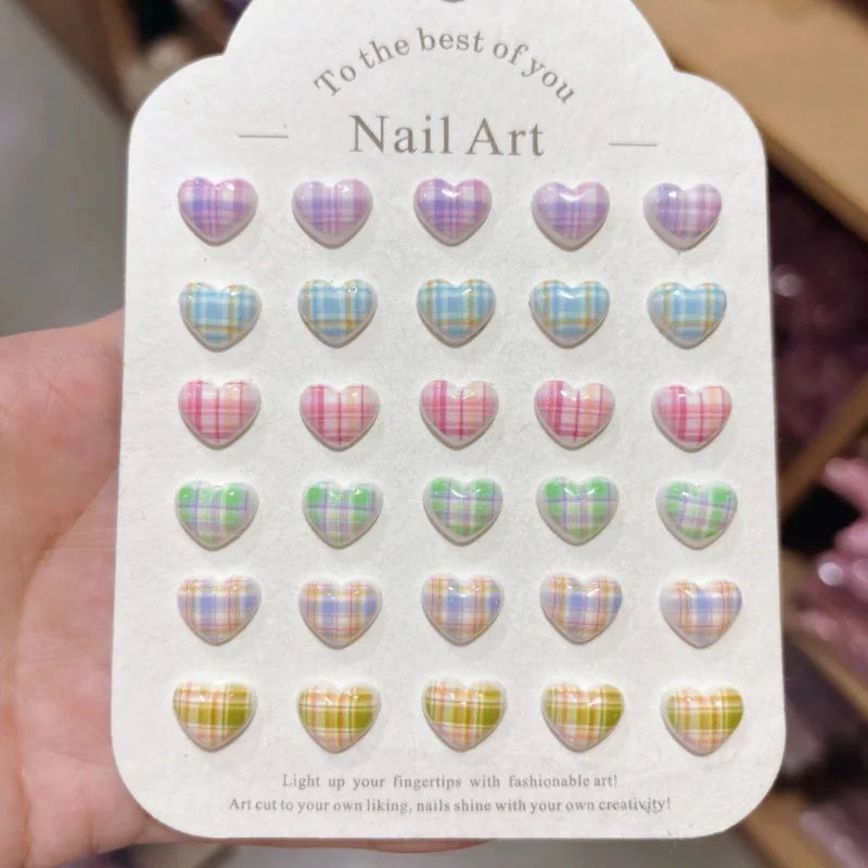 100Pcs 10×11mm Heart Plaid Nail Charms - 3D Sweet Girl Nail Art, Lovely Press-On Nail Decor for DIY Kawaii Manicures