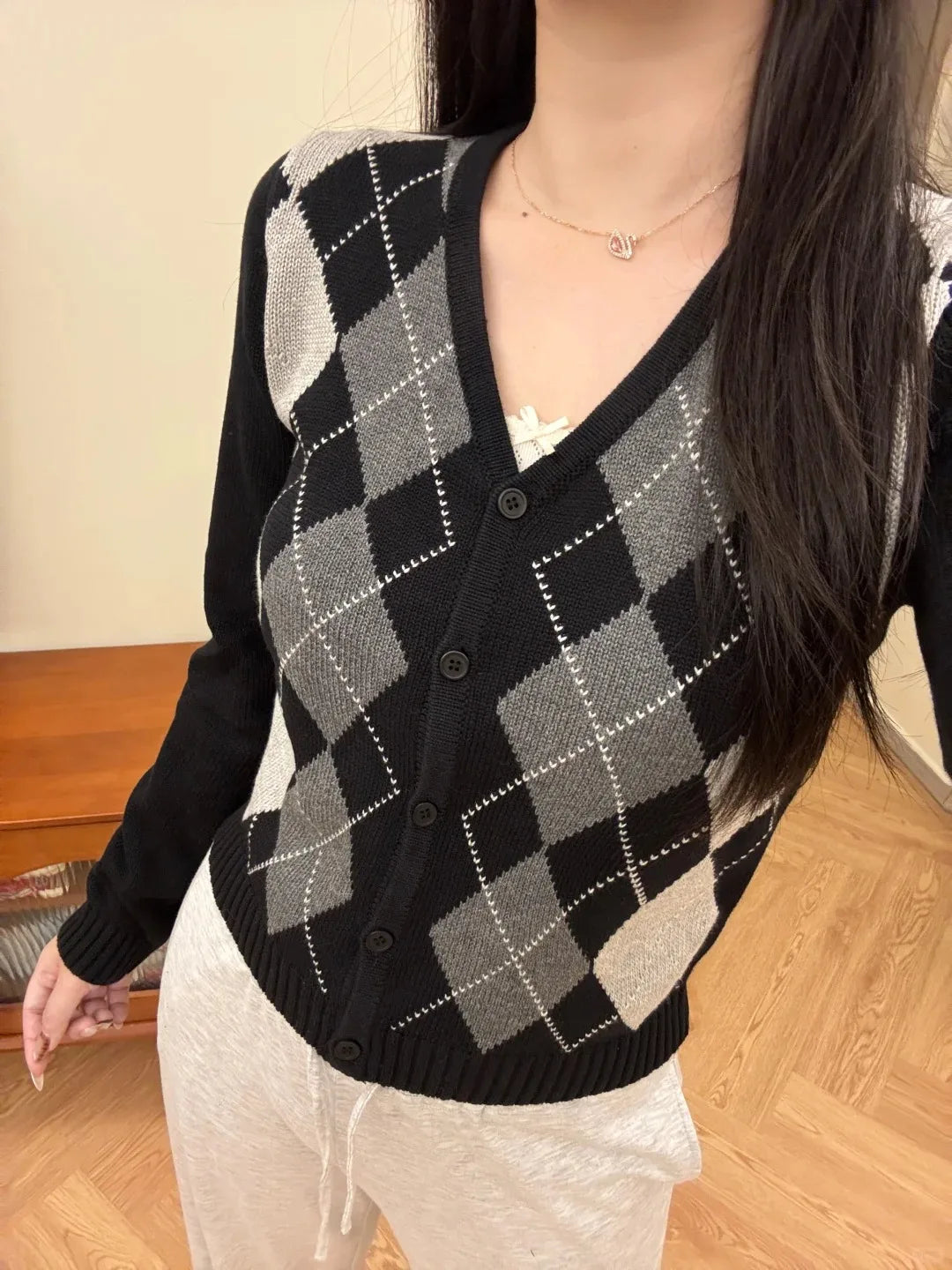 Diamond Jacquard Button Cardigan