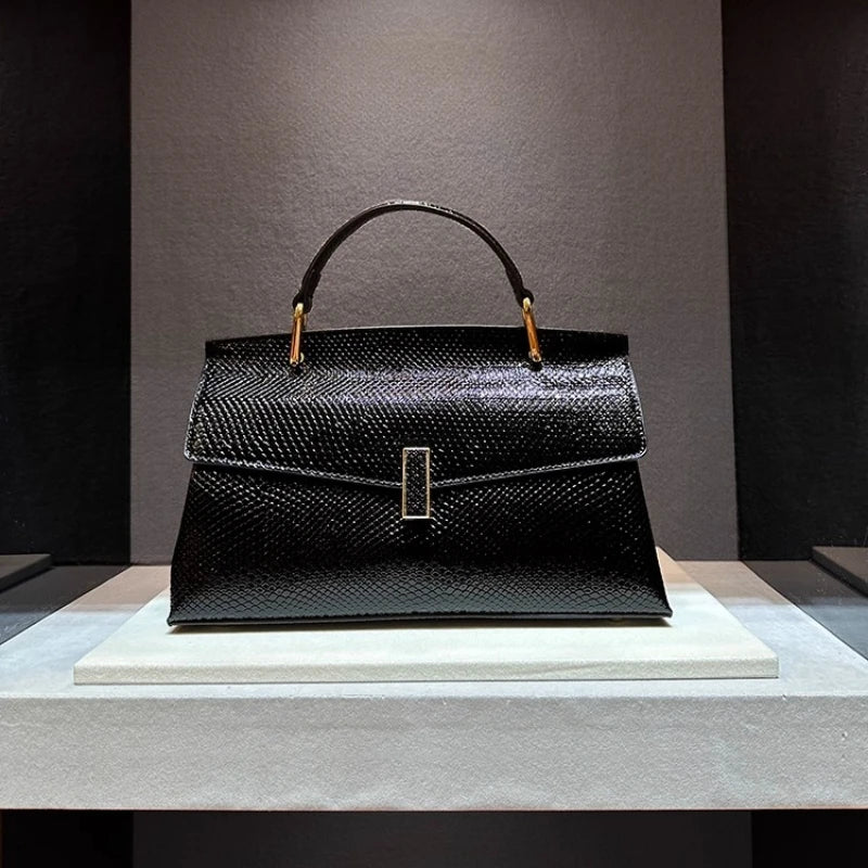 Real Leather Bright Face Snake Stitching Design Handbag