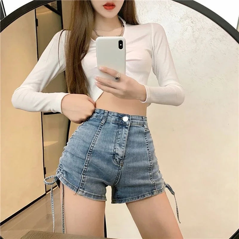 Ruched Drawstring Denim Shorts