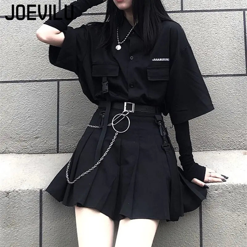 Loose Shirt Pleated Mini Skirt Set
