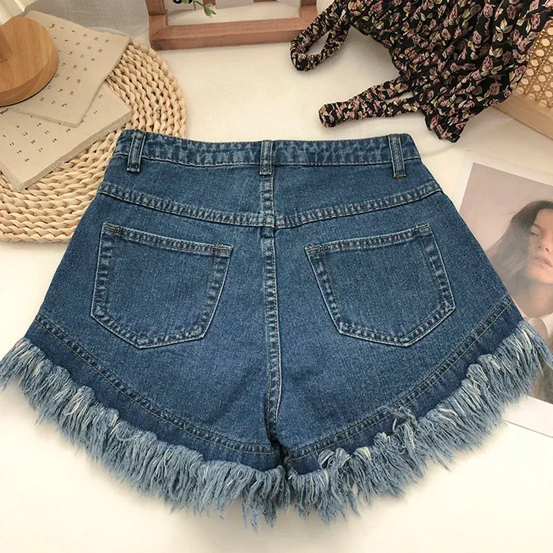 High Waisted Fringed Denim Shorts