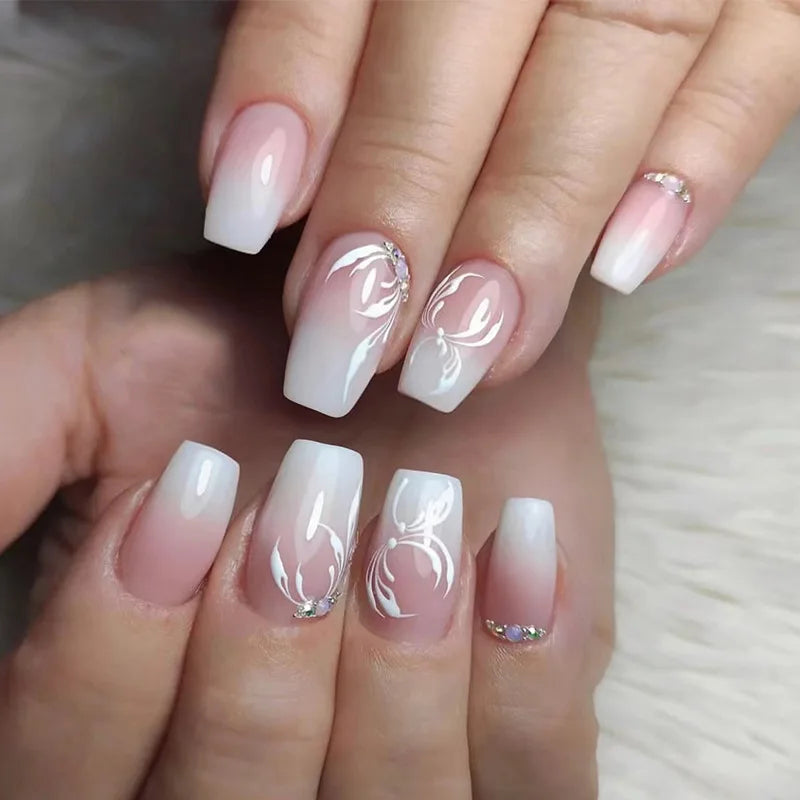 24Pcs French Fake Nails with Jelly Glue Mid-length Gradient White False Nail Wearable Square Head Press on Nails Full Nail Tips