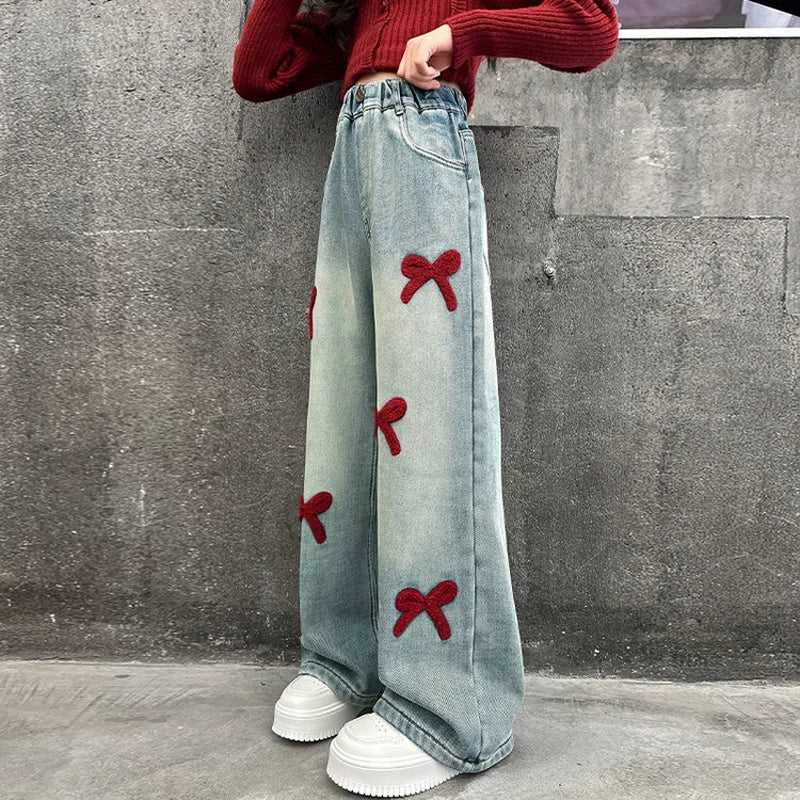 Bow Print Lining Plush Wide-Leg Denim Pants