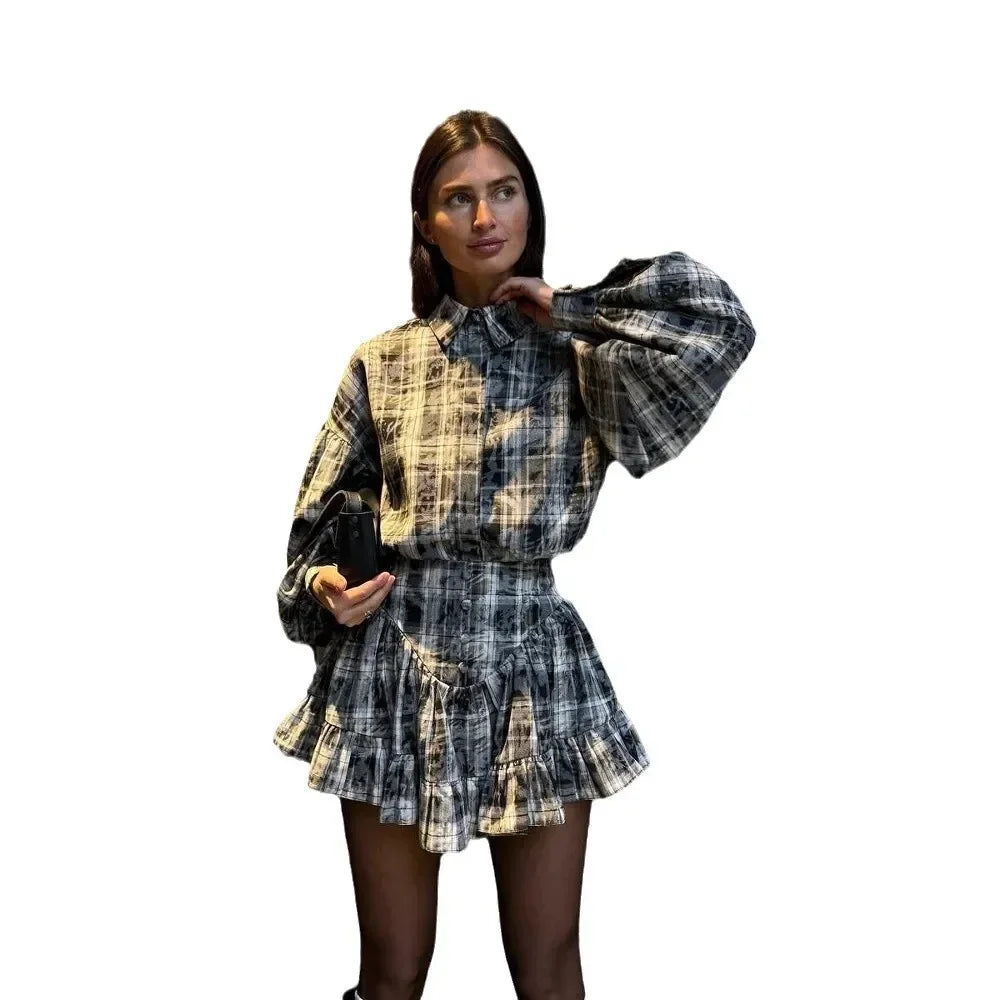 Plaid Design Ruffle Edge Mini Dress 2-Piece Set