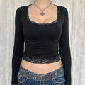 Fitted Long-Sleeve Crewneck Tee with Lace Detail