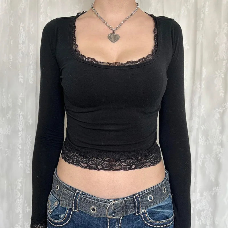 Fitted Long-Sleeve Crewneck Tee with Lace Detail
