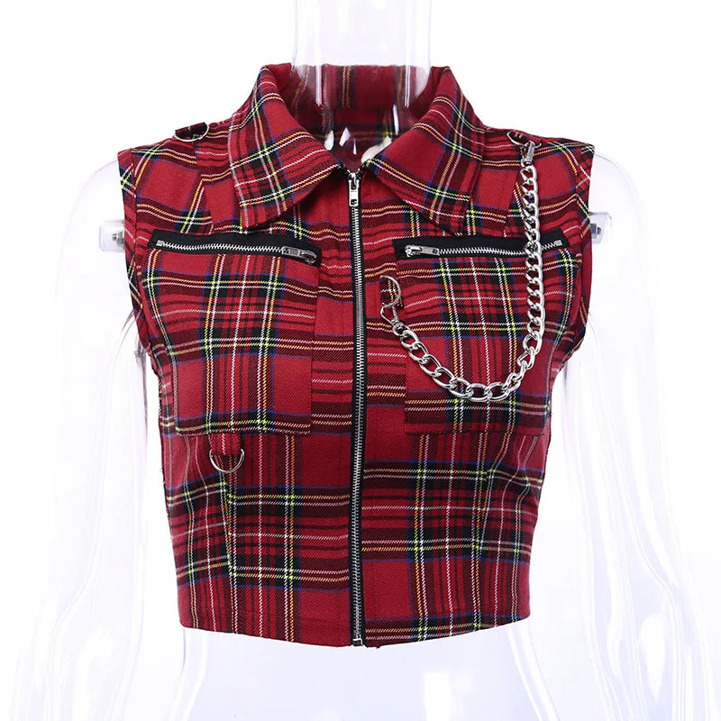 Plaid Zipper Chain Tank