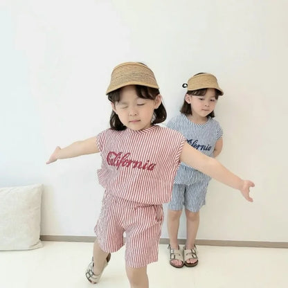 1～6歳 ベビー 男の子 ストライプ サマートラックスーツ 子供 レタープリント ノースリーブ 服セット ベビー 2点セット 韓国 夏 ファッション 服装