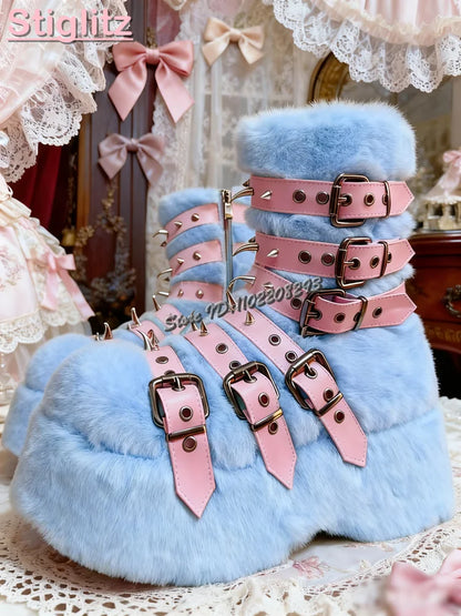 Rivet Platform Plush Furry Mid-Calf Boots