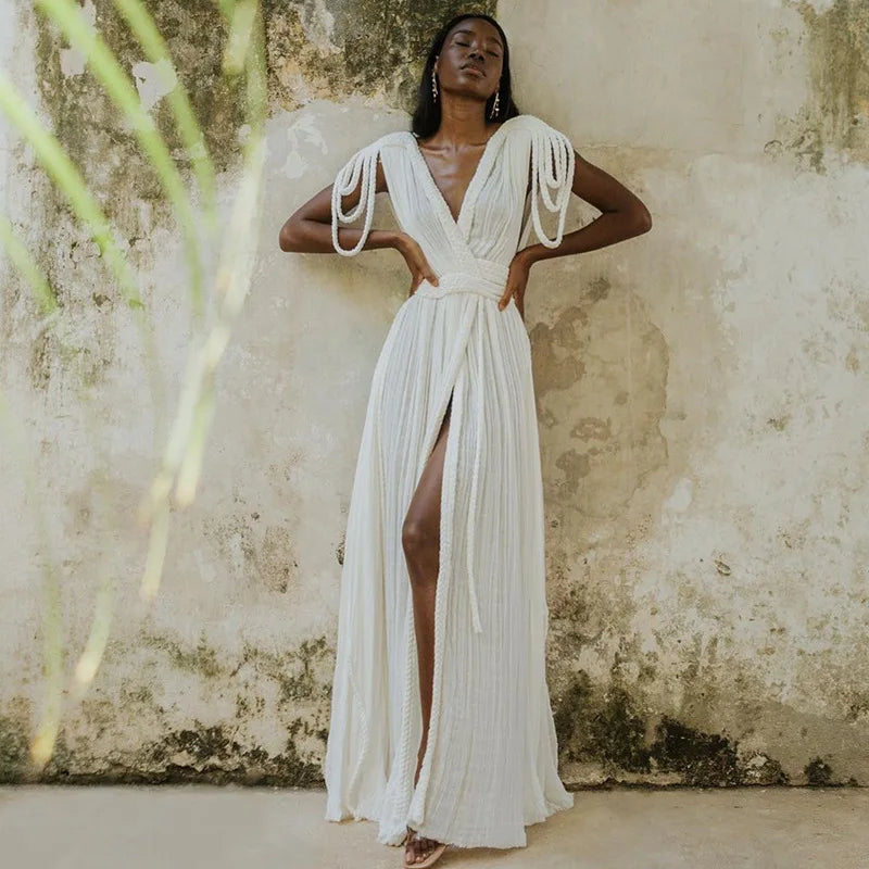 Strap Off Shoulder Hanging Neck Woven Rope Dress