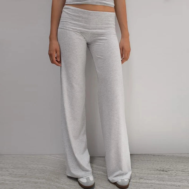 Women Embroidery Fold Over Waistband Stretchy Yoga Pants Flared Pants Leggings Bell Bottoms Preppy Teen Girl Lounge Trousers
