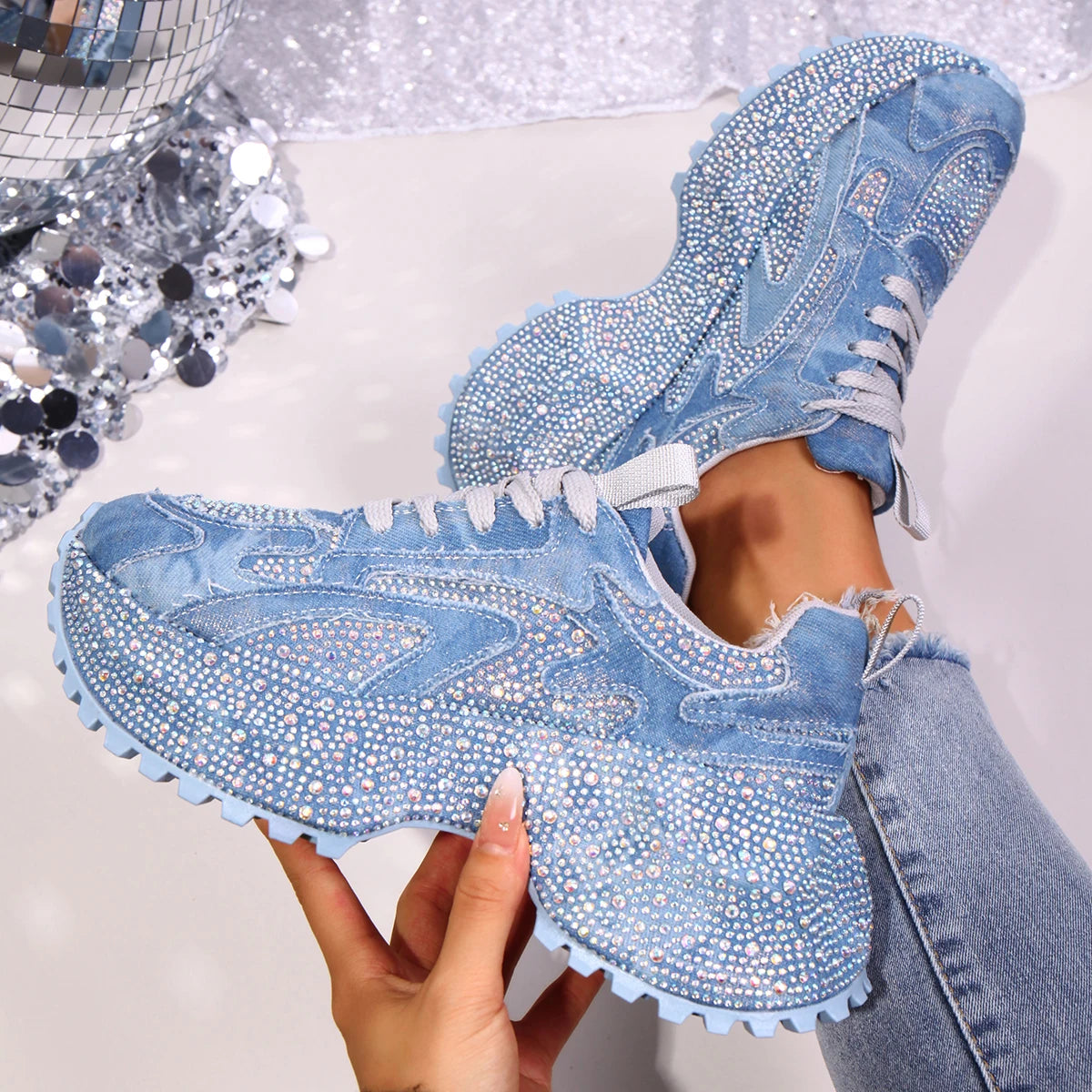 Crystal Lace-Up Platform Sneakers