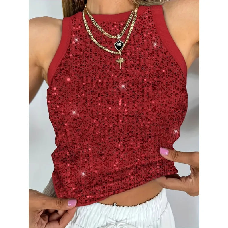 プラスサイズ 1XL-5XL レディース ファッション スパンコール ノースリーブ タンクトップ レディース カジュアル クルーネック サマーベスト タンクトップ