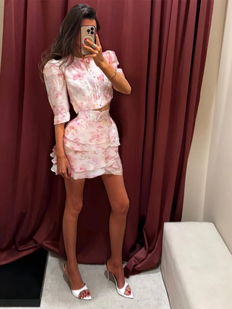 Bubble Sleeves O-neck Crop Top Layered Ruffle Set