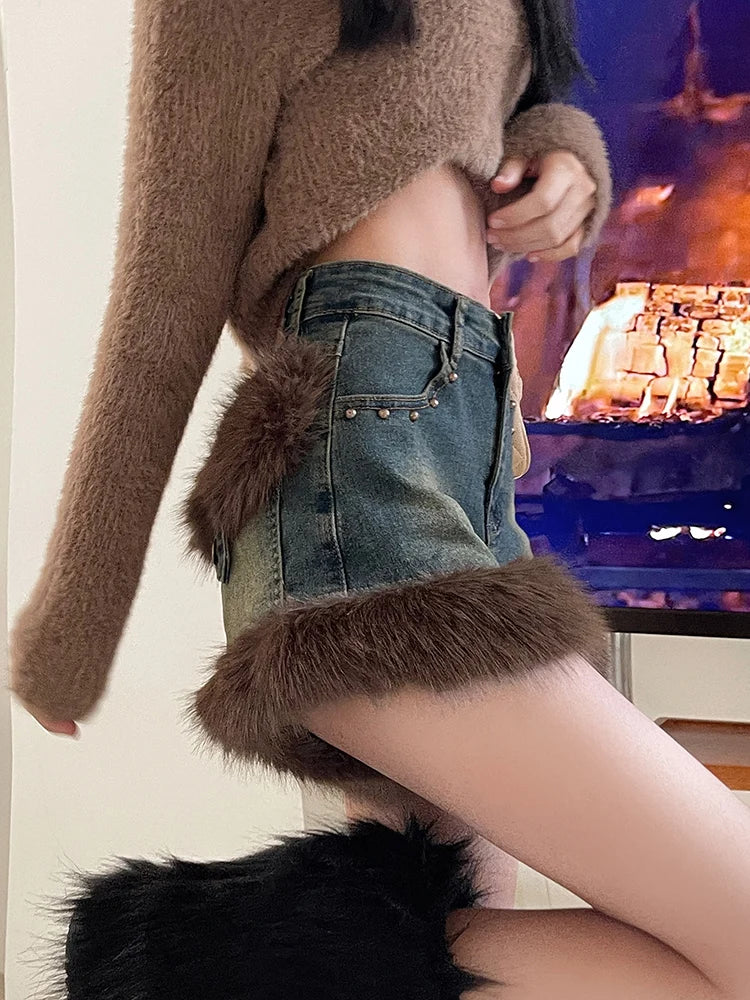 Riveted Faux Fur Jean Shorts